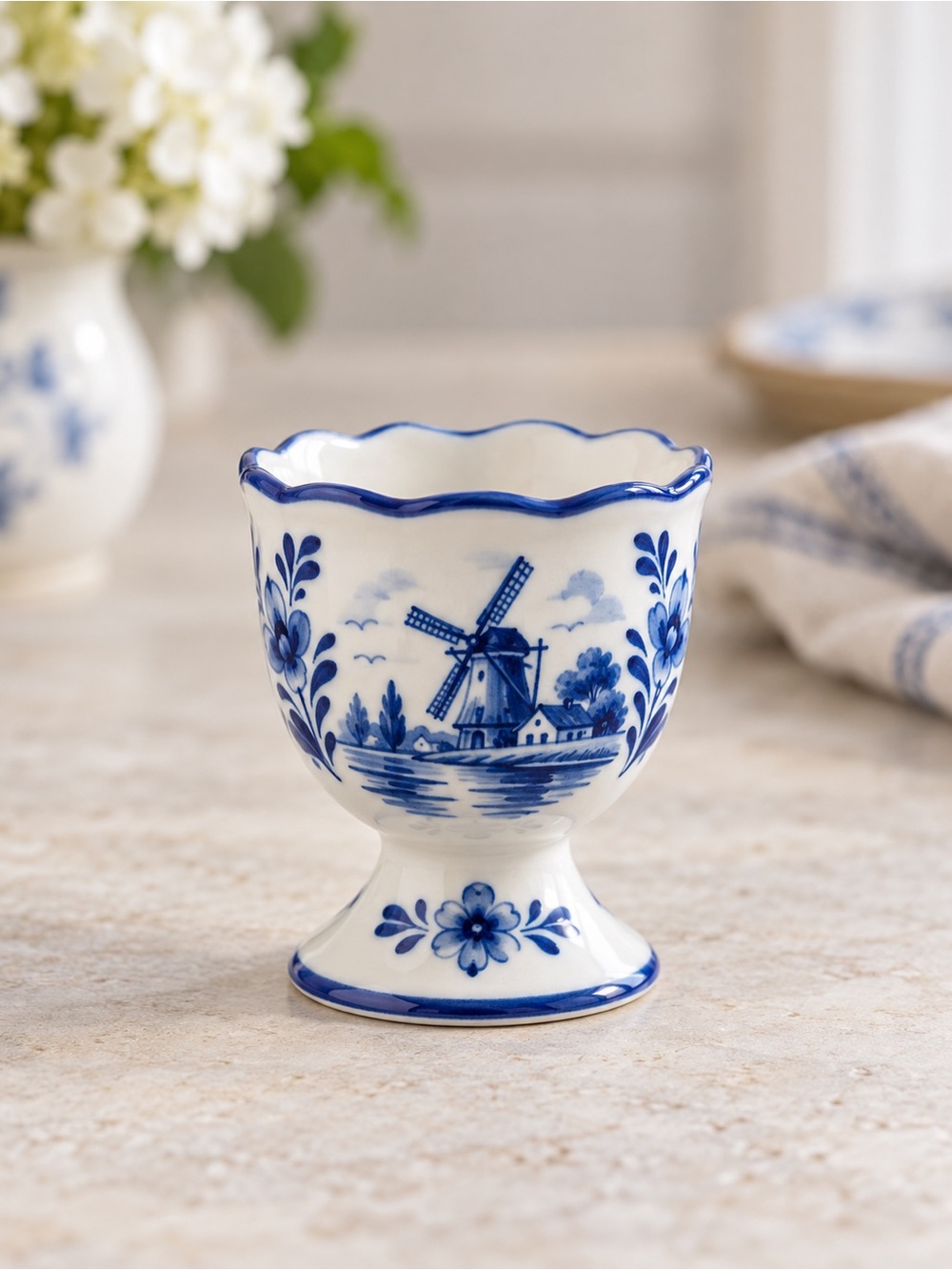 Vintage Hand Painted Delft Holland Egg Cup – Blue & White Windmill